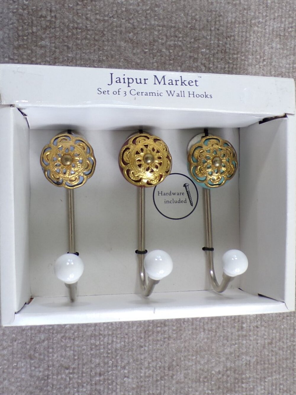 Jaipur Market Set of 3 Handcrafted Ceramic Gold Filigree Colorful Wall Hooks - Picture 2 of 3